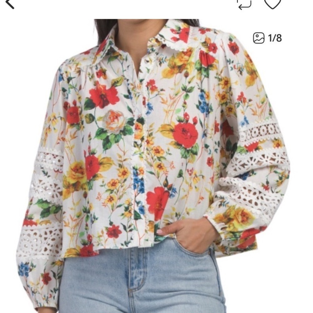 Elle Floral Eyelet Lace‎ Sleeve Cotton Button Down Blouse White Multi-Color sz M